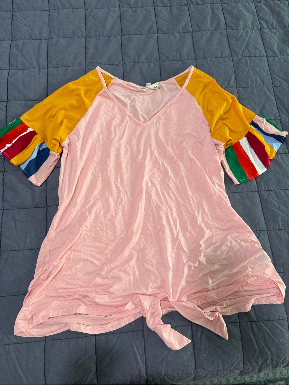 Pink Tie-Hem Top with Colorblock Ruffle Sleeves